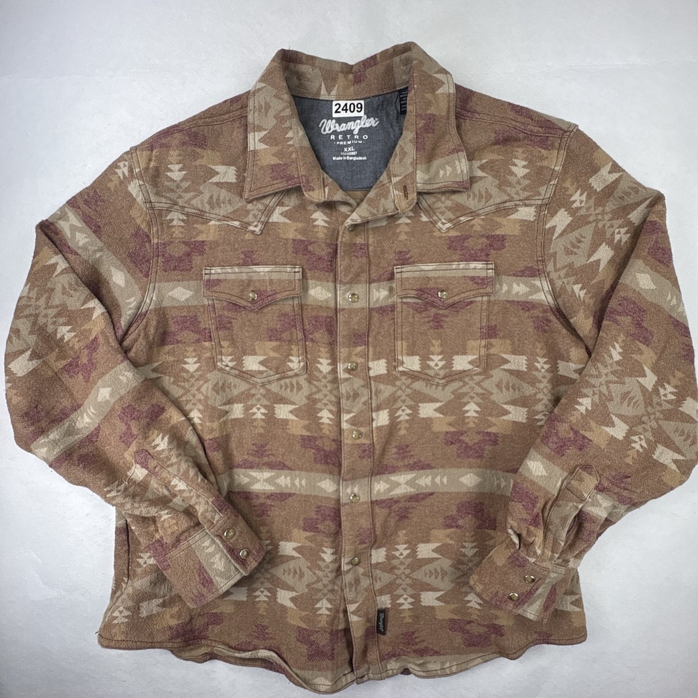Wrangler Retro Premium Western Shirt Mens XXL Brown Aztec Pearl Snap Cowboy